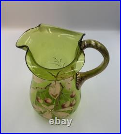 Antique Victorian Glass 9.5 Pitcher Hand Blown & Painted Emerald Green Cherry Antique Victorian Glass 9.5 Pitcher Hand Blown & Painted Emerald Green Cherry