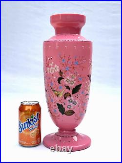 Antique Victorian Glass Vase Harrach Pink Opaline Hand Enamel Painted Flowers