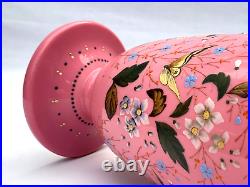 Antique Victorian Glass Vase Harrach Pink Opaline Hand Enamel Painted Flowers