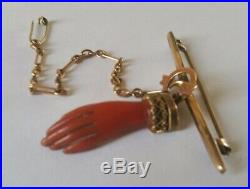 Antique Victorian Gold Coral Hand Brooch