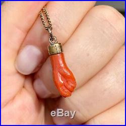 Antique Victorian Gold Coral Hand Figa Charm Pendant