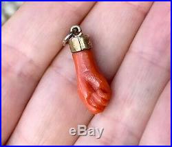 Antique Victorian Gold Coral Hand Figa Charm Pendant