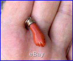 Antique Victorian Gold Coral Hand Figa Charm Pendant