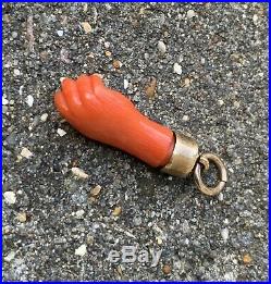 Antique Victorian Gold Coral Hand Figa Charm Pendant