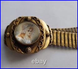 Antique Victorian Gold Filled Brass Bracelet with Lady Miniature Hand Painted Made