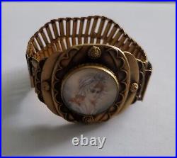 Antique Victorian Gold Filled Brass Bracelet with Lady Miniature Hand Painted Made