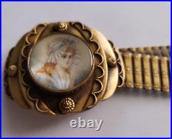 Antique Victorian Gold Filled Brass Bracelet with Lady Miniature Hand Painted Made