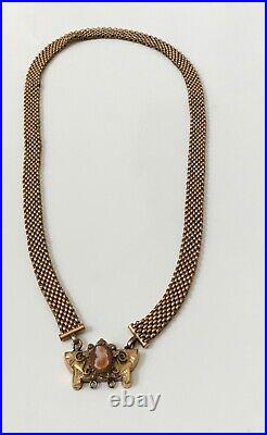 Antique Victorian Gold-Filled Mesh Necklace with Hand-Carved Cameo