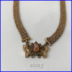 Antique Victorian Gold-Filled Mesh Necklace with Hand-Carved Cameo