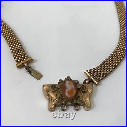 Antique Victorian Gold-Filled Mesh Necklace with Hand-Carved Cameo