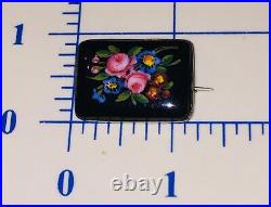 Antique Victorian Gold Hand Painted Enamel Floral Brooch Pink Rose Blue Pin
