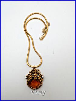 Antique Victorian Gold Tone Amber Glass Two Faces Hand Crafted Cameo Pendant