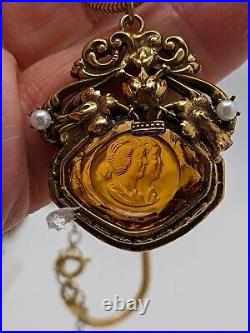 Antique Victorian Gold Tone Amber Glass Two Faces Hand Crafted Cameo Pendant
