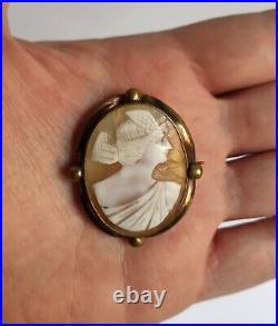 Antique Victorian Gold-plated Brass Brooch With Hand Carved Cameo 19th Cent