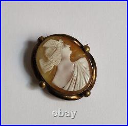 Antique Victorian Gold-plated Brass Brooch With Hand Carved Cameo 19th Cent