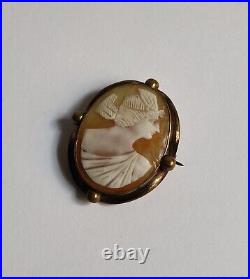 Antique Victorian Gold-plated Brass Brooch With Hand Carved Cameo 19th Cent