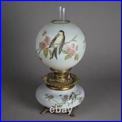 Antique Victorian Gone With The Wind Hand Painted Parlor Lamp with Bird, c1890
