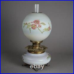 Antique Victorian Gone With The Wind Hand Painted Parlor Lamp with Bird, c1890