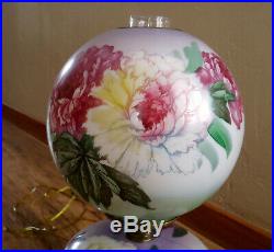 Antique Victorian Gone With The Wind Oil Lamp, Hand Painted Peonies, Electrified