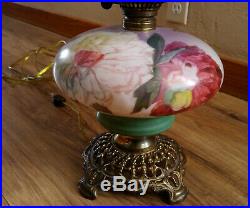 Antique Victorian Gone With The Wind Oil Lamp, Hand Painted Peonies, Electrified