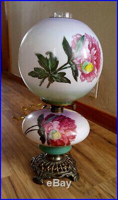 Antique Victorian Gone With The Wind Oil Lamp, Hand Painted Peonies, Electrified