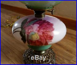 Antique Victorian Gone With The Wind Oil Lamp, Hand Painted Peonies, Electrified