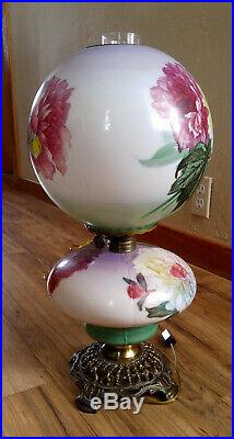 Antique Victorian Gone With The Wind Oil Lamp, Hand Painted Peonies, Electrified