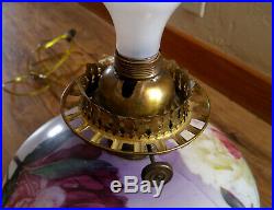 Antique Victorian Gone With The Wind Oil Lamp, Hand Painted Peonies, Electrified