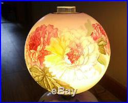 Antique Victorian Gone With The Wind Oil Lamp, Hand Painted Peonies, Electrified