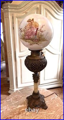 Antique Victorian Gone With The Wind Parlor Banquet Lamp Hand Painted NICE