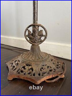 Antique Victorian Gothic Crest Hand Wrought Iron Bridge Arm Ornate Floor Lamp