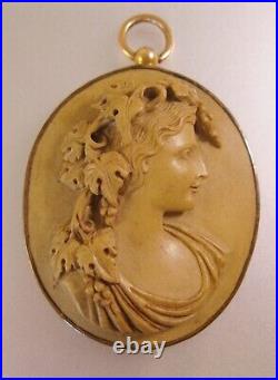 Antique Victorian Greek God Bacchus Lava Hand Carved Cameo Pendant 10K & GF