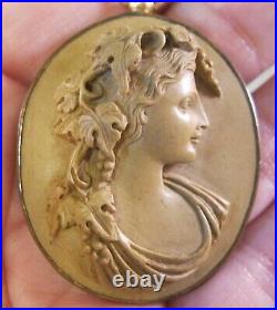 Antique Victorian Greek God Bacchus Lava Hand Carved Cameo Pendant 10K & GF