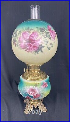 Antique Victorian Gwtw Hand Painted Oil Lamp With Matching Ball Shade