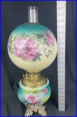 Antique Victorian Gwtw Hand Painted Oil Lamp With Matching Ball Shade