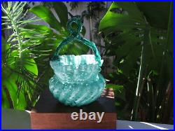 Antique Victorian HAND BLOWN Swirled, Ruffled ART GLASS BASKET Thorn Handle MINT