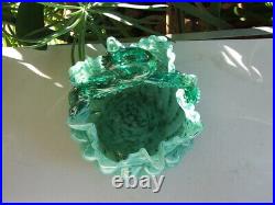 Antique Victorian HAND BLOWN Swirled, Ruffled ART GLASS BASKET Thorn Handle MINT