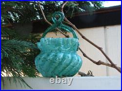 Antique Victorian HAND BLOWN Swirled, Ruffled ART GLASS BASKET Thorn Handle MINT