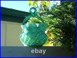 Antique Victorian HAND BLOWN Swirled, Ruffled ART GLASS BASKET Thorn Handle MINT