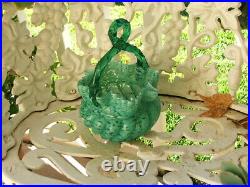 Antique Victorian HAND BLOWN Swirled, Ruffled ART GLASS BASKET Thorn Handle MINT