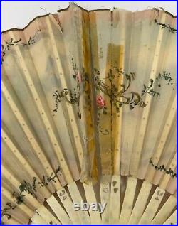 Antique! Victorian HAND PAINTED Paper HAND FAN with Bone Spokes SIGNED Beautiful