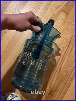 Antique Victorian Hand Blown Hand Painted Cobalt Blue Glass Ruffle Pitcher