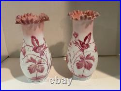 Antique Victorian Hand Blown Hand Painted Satin Glass Bristol Bird Mantle Vases