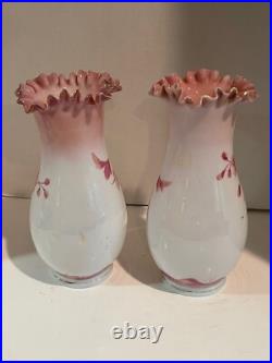 Antique Victorian Hand Blown Hand Painted Satin Glass Bristol Bird Mantle Vases