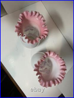 Antique Victorian Hand Blown Hand Painted Satin Glass Bristol Bird Mantle Vases