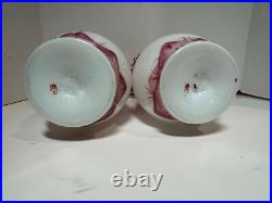 Antique Victorian Hand Blown Hand Painted Satin Glass Bristol Bird Mantle Vases