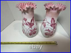 Antique Victorian Hand Blown Hand Painted Satin Glass Bristol Bird Mantle Vases