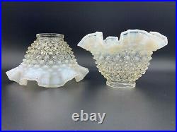 Antique Victorian Hand Blown White Opalescent Hobnail Art Glass Lamp Shades Pair