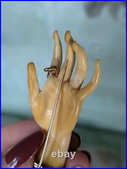 Antique Victorian Hand Brooch Finely Carved 14k Gold Engraved Setting