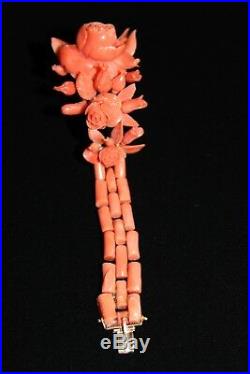 Antique Victorian Hand Carved Coral Roses Bracelet 18 K Gold 70.6 Grams